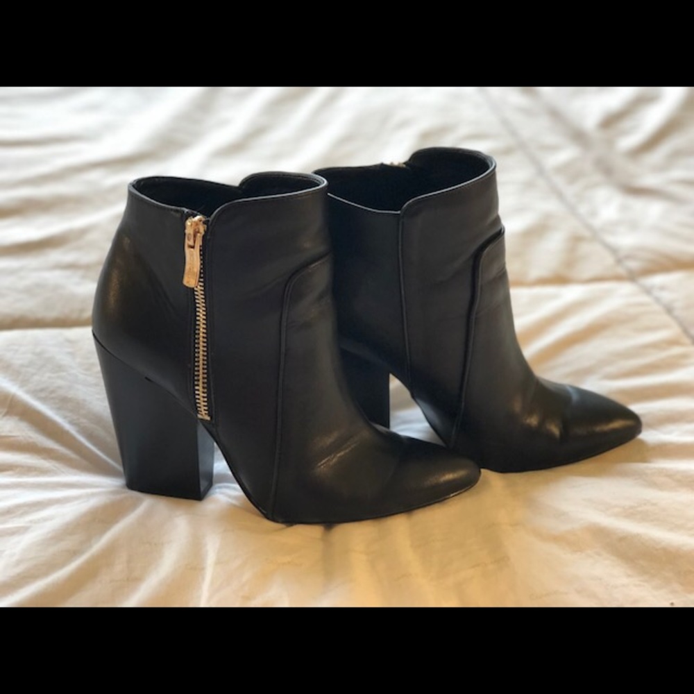 BCBG Booties - Black Leather, Gold Zip, Heel